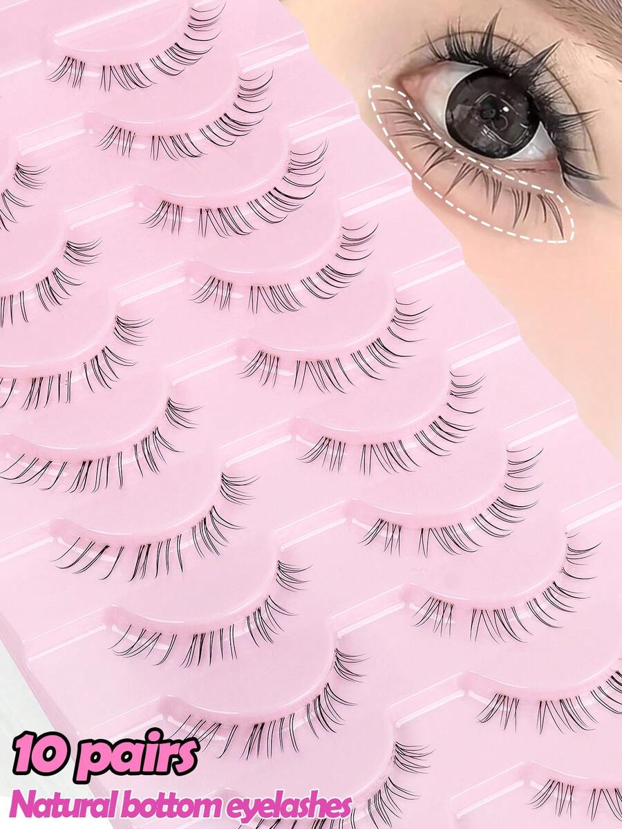 MAANGE 10 Pairs Transparent Thin Natural Lower Eyelashes, Japanese Anime Style Exaggerated Pointed DIY Cosplay Lower Eyelashes, Reusable For Women And Girls, Comfortable Wear, Lower Eyelashes, Strip Lashes - Black - View 1