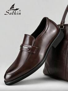 Salkin 经典复古风格男士一脚蹬乐福鞋，优雅绅士皮鞋，纯色透气鞋面，防滑鞋底，适合日常休闲、商务、正式场合、毕业典礼、婚礼、派对、春夏/秋季，建议订购大一码正式/商务正装 - 棕色 - 查看 1