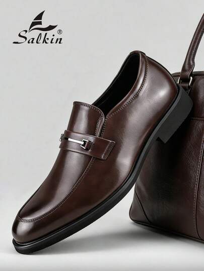 Salkin Classic Retro Style Men's Slip-On Loafers, Elegant Gentleman Leather Shoes, Solid Color Breathable Upper, Non-Slip Sole, Suitable For Daily Casual, Business, Formal Occasions, Graduation, Wedding, Party, Spring/Summer/Autumn, Recommend Ordering One Size Up Formal/Business Formal
