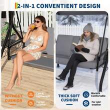 Columpio Exterior para 3 Personas - 2 en 1 con Toldo Ajustable, Portavasos y Cojines Extraíbles, Marco de Acero Resistente para Jardín, Terraza o Patio - gris - Ver 5