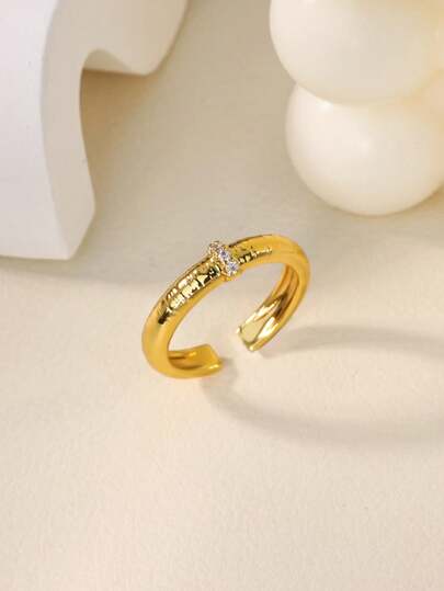 1pc Delicate Minimalist Zirconia Ring, 18K Gold Plated Adjustable Open Ring, Fashionable Jewelry Accessory