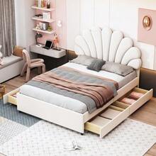 Upholstered Bed 140 X 200 Cm, Bed Frame With Flower-Shaped Headboard And Slatted Base, With Storage Compartments, Youth Bed, Adult Bed, Double Bed, Skin-Friendly Velvet Fabric, Beige - Beige + Upholstered + 140cm*200cm - View 1
