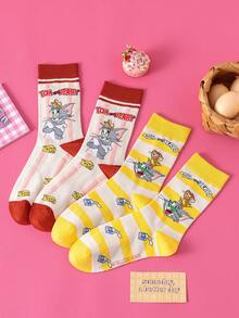 Noctvar OBM Sleepwear X TOM & JERRY 2双猫鼠图案女士中筒袜，可爱卡通爱心设计，趣味老鼠时尚夏季男士袜子，透气休闲船袜，卡通图案，适合学生/成人作为礼物和日常穿着，情侣款 - 彩色 - 查看 1