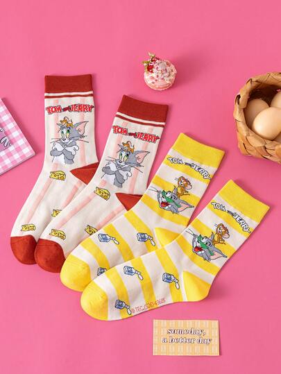 Noctvar OBM Sleepwear X TOM & JERRY 2双猫鼠图案女士中筒袜，可爱卡通爱心设计，趣味老鼠时尚夏季男士袜子，透气休闲船袜，卡通图案，适合学生/成人作为礼物和日常穿着，情侣款