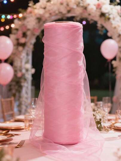 1 Roll (90m/295ft), (50m/164ft) Shiny Pink Tulle Fabric, Suitable For Romantic Wedding Decoration, Celebration Events, Stage Decor, Ceremony Backdrop, Table & Chair Decor, Dessert Table Decor, Proposal, Valentine's Day, Carnival, Bridal Shower And More