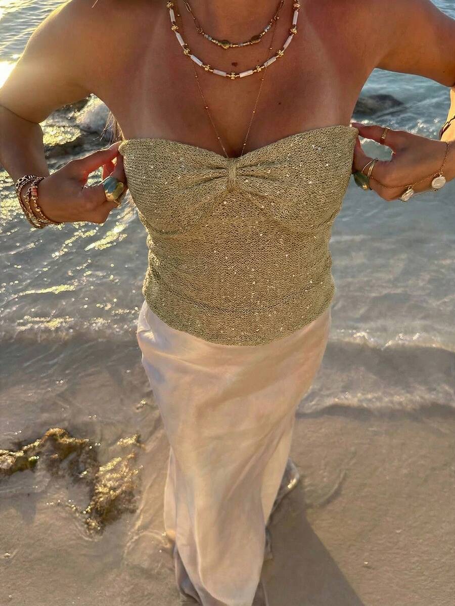 1pc Women's Twist Knot Waist Beaded Camisole Top, Suitable For Daily Wear And Beach Vacation, Spring/Summer - Green - View 1