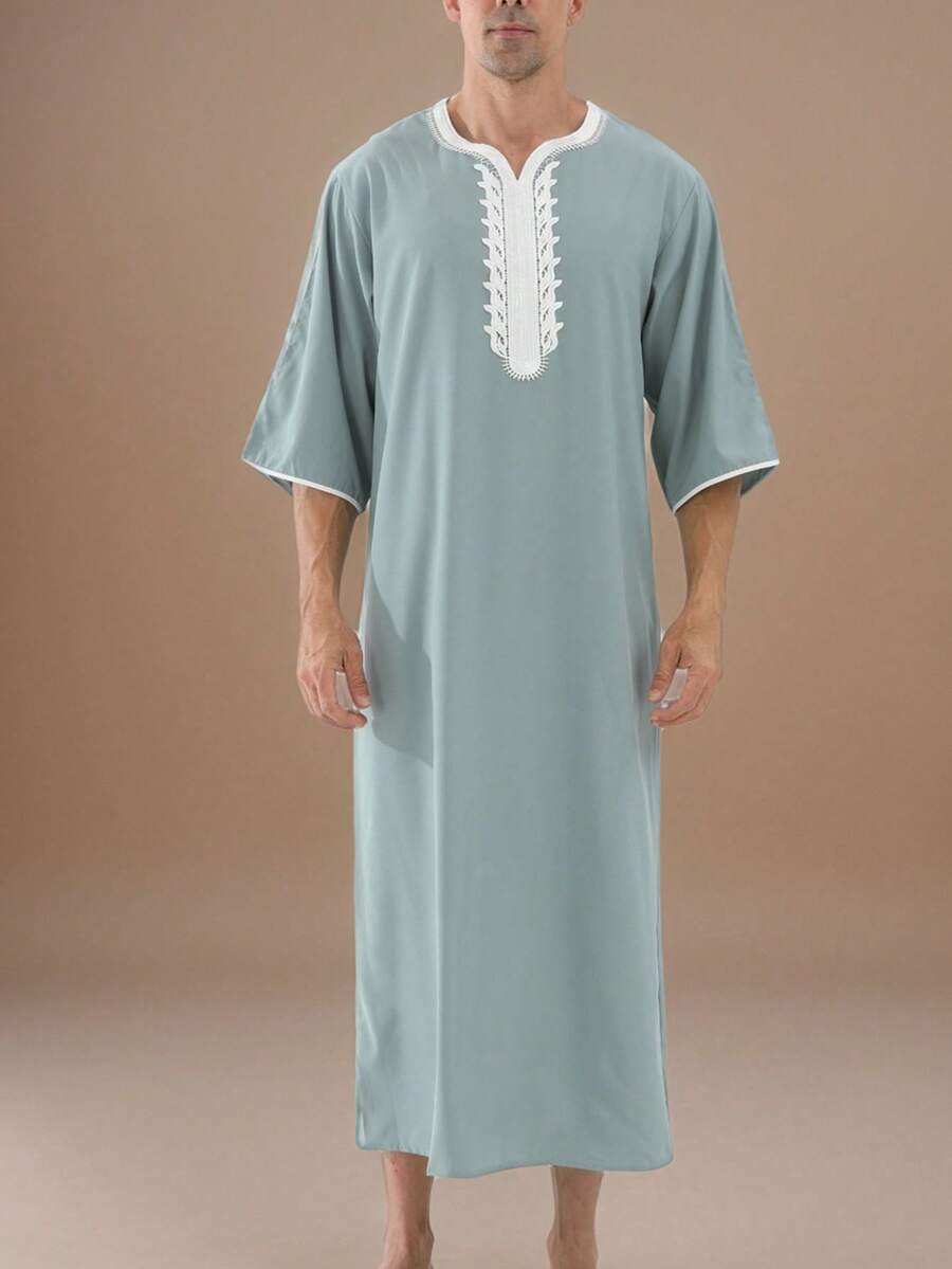 New Arrival Black Loose Casual Muslim Three-Quarter Sleeve Men's Robe, Middle Eastern Leisure Long Robe - Mint Green - View 1