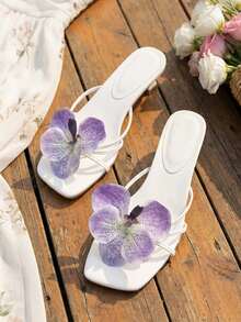 Women's Fashion Casual Square Toe Slip-On Sandals With 3D Floral PU Straps, Comfortable Lightweight Summer Beach Pool Party Sandals, White With Purple Flower Design High Heel Sandals - White and Purple Flowers - View 5