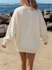 Women's Spring Outfit, Summer Clothing, Women's Vacation Wear, Simple Crab Print Crew Neck Sweatshirt For Summer Beach Casual, Minimalist Style, Suitable For Spring, Summer, Autumn Outdoor Leisure Wear - Apricot - View 2