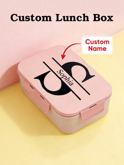 1pc Custom Name Portable Bento Box, Personalized Lunch Box, Triple Grid Style Lunch Box, Portable Lunch Container, Built-In Utensils Fork Spoon Meal Prep Container With Triple-Sided Buckle Design, Flip-Top Lid For Organized Meals, Ideal For Work School And On-The-Go , Space-Saving Stylish, Adorable, Colorful Custom, Personalized