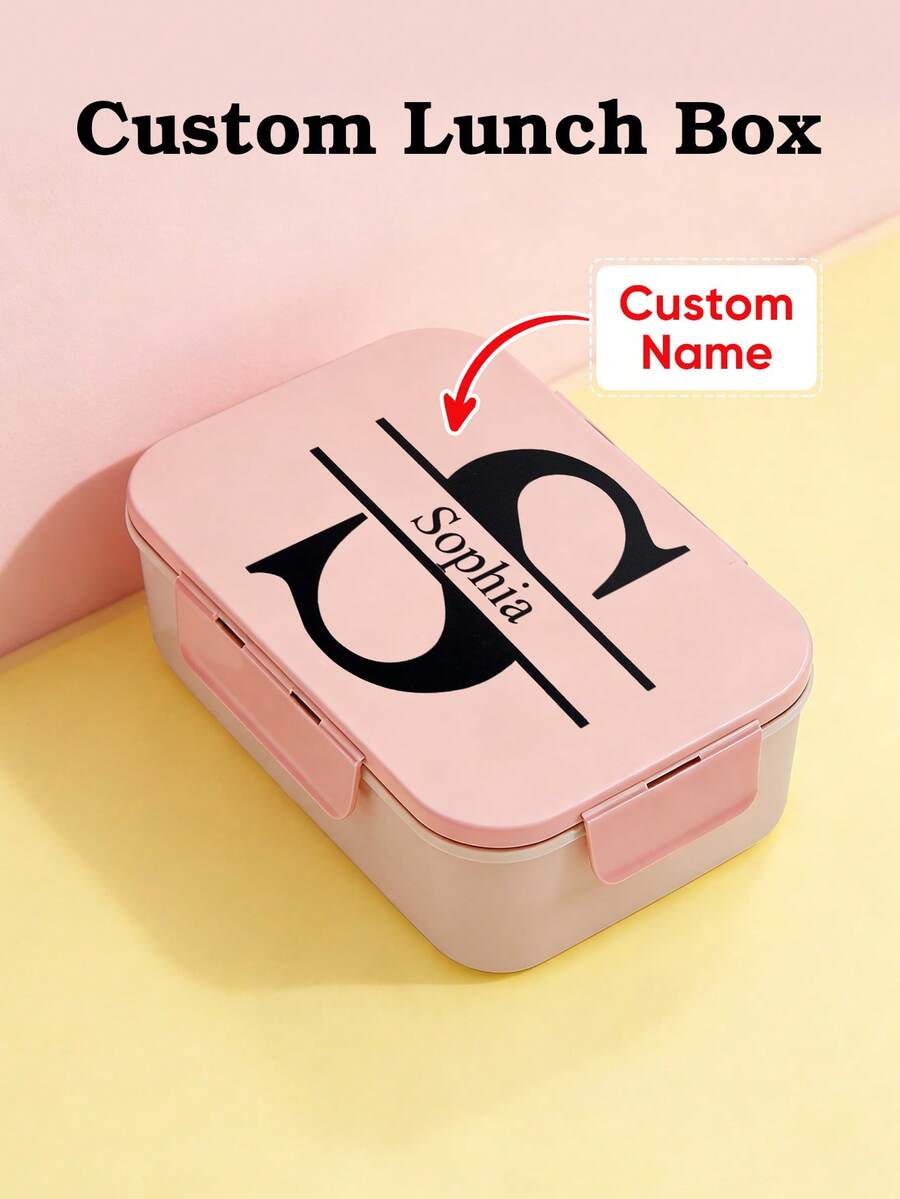 1pc Custom Name Portable Bento Box, Personalized Lunch Box, Triple Grid Style Lunch Box, Portable Lunch Container, Built-In Utensils Fork Spoon Meal Prep Container With Triple-Sided Buckle Design, Flip-Top Lid For Organized Meals, Ideal For Work School And On-The-Go , Space-Saving Stylish, Adorable, Colorful Custom, Personalized - Style 1 - View 1