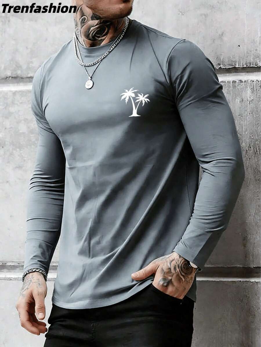 Trenfashion Men's Fitted Long Sleeve Crewneck Tee With Minimalist Palm Tree Print, Beach Casual Aesthetic Men's T-Shirt Men's Simple Casual Surfing T-Shirt, Fashion&Everyday Wear Hawaiian Unisex Plus Size T Shirts Tops - 灰色 - 查看 1