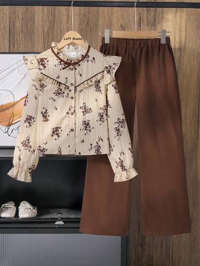 Left Mama Girls' Elegant Vintage Floral Print Cap Sleeve Top And Straight Leg Pants Set