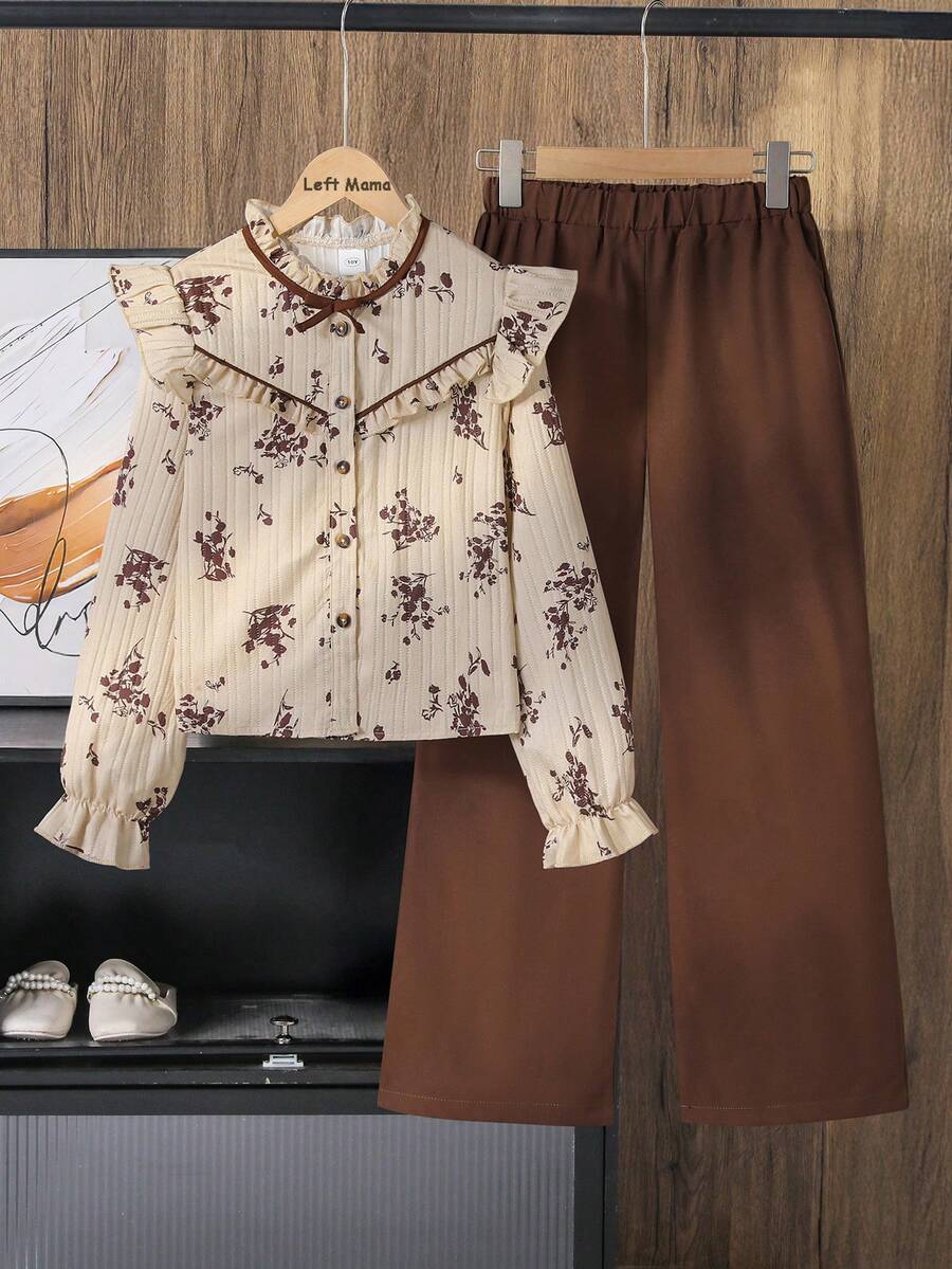 Left Mama Girls' Elegant Vintage Floral Print Cap Sleeve Top And Straight Leg Pants Set - Brown - View 1