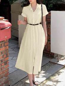 French Style Retro Lapel Single-Breasted Waisted Simple Shirt Dress, Summer Elegant - Apricot - View 1