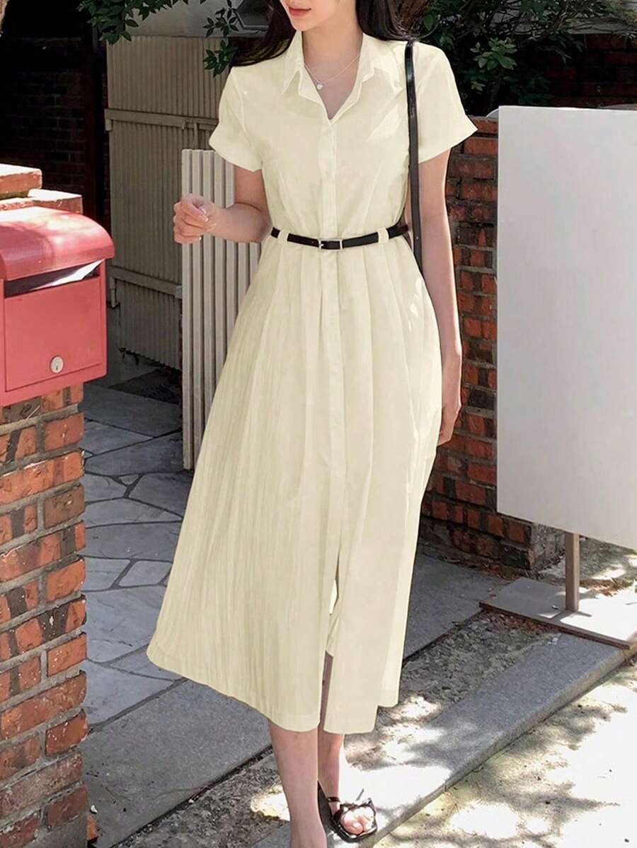 French Style Retro Lapel Single-Breasted Waisted Simple Shirt Dress, Summer Elegant - Apricot - View 1
