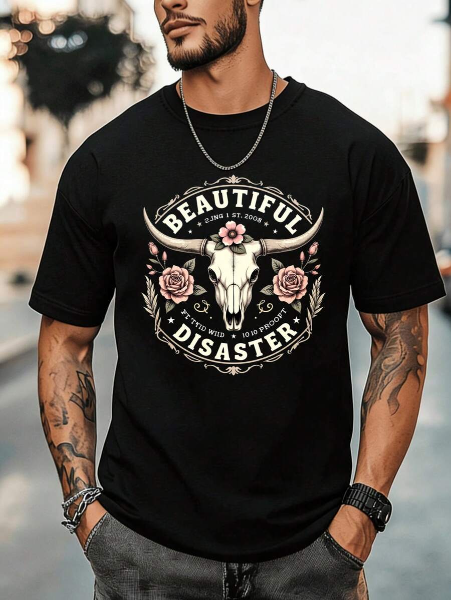 Beautiful Disaster Bull Skull Rose Graphic T-Shirt Men Black Cotton Casual Shirt With Floral Design And Vintage Style Print For Everyday WearFun Stamps Are Suitable For Family GatheringsChristmas Partiessports Activitiesholiday Partiesoutingssports And Other Holiday Gifts (220g). - màu đen - Xem 1