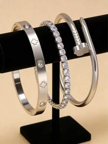 1pc/3pcs Exquisite Luxury Tennis Bracelet And Stainless Steel Four-Leaf Clover Cubic Zirconia Bangle, Fashionable Jewelry For Daily Wear - Silver - View 8