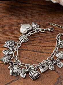 1 chiếc vòng tay mặt dây chuyền hình bướm và trái tim cổ điển, quà tặng ngày Valentine cho phụ nữ. - Màu Bạc Cổ - Xem 3