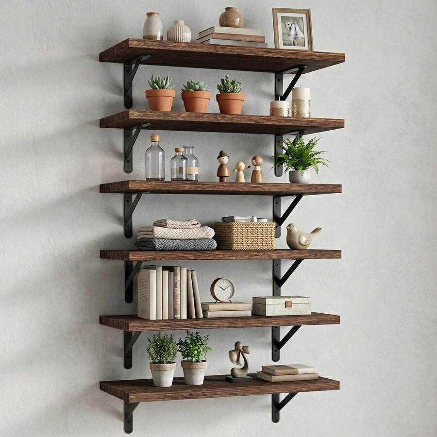 Tomnk 6pcs 23.6in Wood Floating Wall Shelves, Room Decor, Wall-Mounted Storage & Decor For Kitchen, Bathroom, Bedroom And Living Room - 彩色 - 查看 1