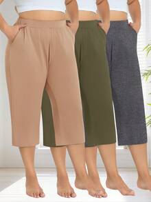 3-Pack Women's Plus Size Capri Sweatpants - Loose Cropped Yoga Lounge Pajama Pants With Pockets, Summer Casual Comfort - Xám đậm + xanh quân đội + kaki - Xem 1