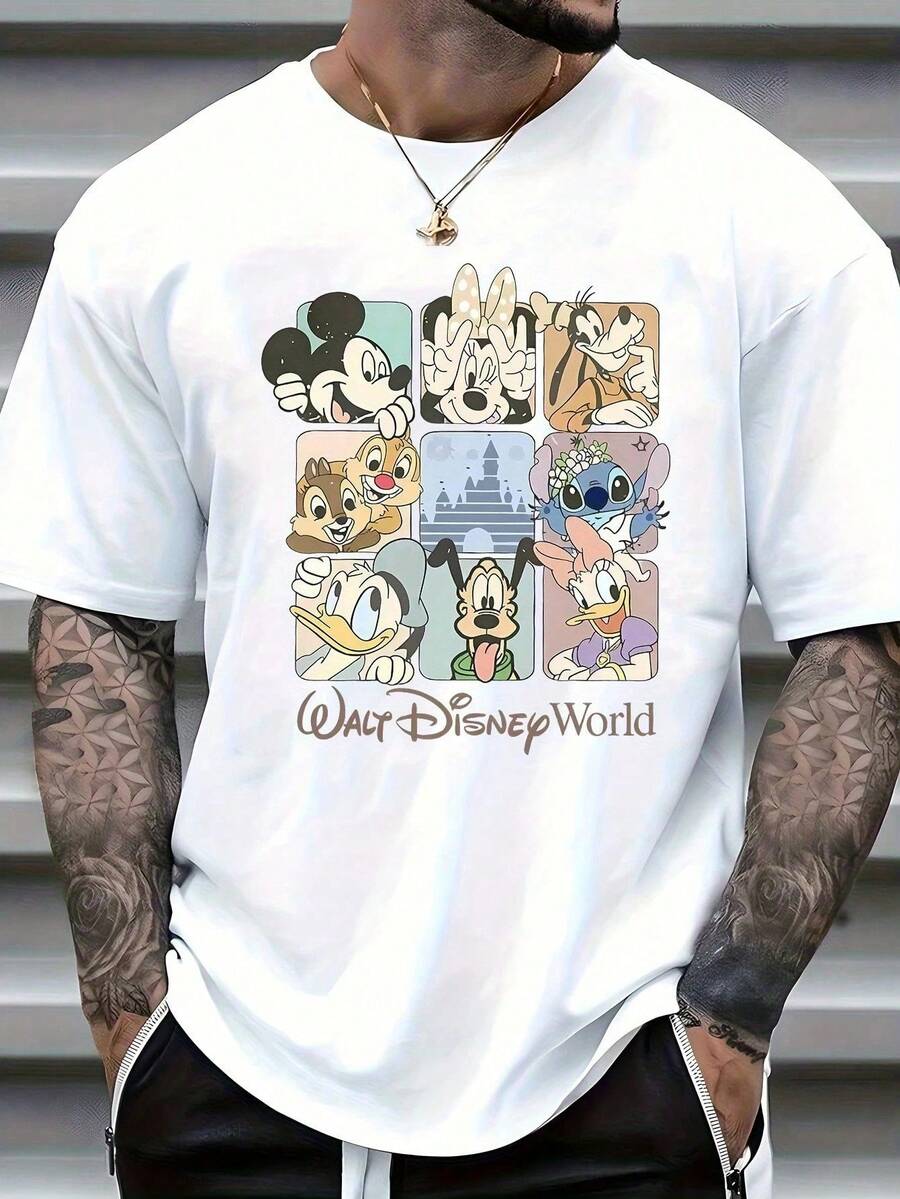 "Disney Official Original Authorization" Retro Figure Printed T-Shirts, Mickey Mouse, Donald Duck And Other Lovely Parties Are Suitable For Young People Who Pursue Individuality, Suitable For Gifts, Unisex Cotton T-Shirts. - trắng - Xem 1