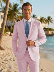 2pcs Men's 2 Piece Linen Suits For Men Slim Fit Casual Beach Wedding Summer Grooms Groomsmen Linen Blazer Pants Suit - 粉色 - 查看 7