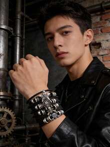 Skull Leather Bracelets For Men Retro Vintage Braided Punk Bracelet Set For Man Woman - Black - View 5