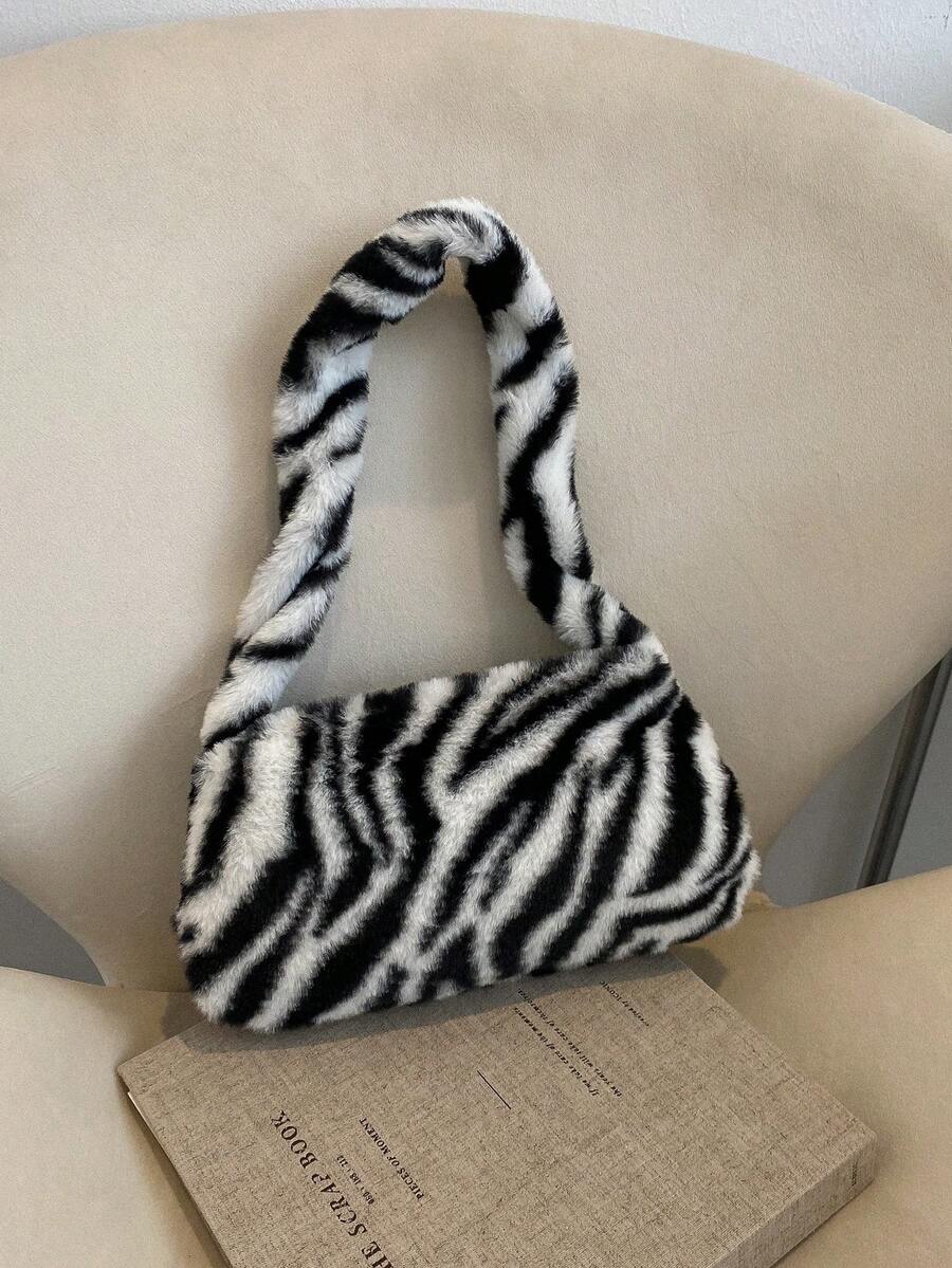 Zebra Print Fuzzy Shoulder Bag (Print Placement Random) - Black and White - View 1