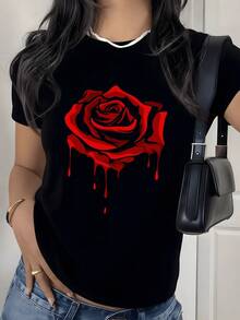 Rosa roja que gotea simbolizando pasión intensidad y fuerza interior con apariencia artística moderna y toque rebelde camiseta de mujer casual 220g elegante y cómoda - Negro - Ver 8
