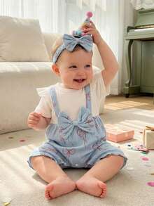 Conjunto de verano para niña pequeña, mono de manga corta con volantes y lazo de dos piezas, conjunto de 2 piezas, ropa bonita para uso diario, ideal para niñas de 0 a 18 meses. - Azul - Ver 1