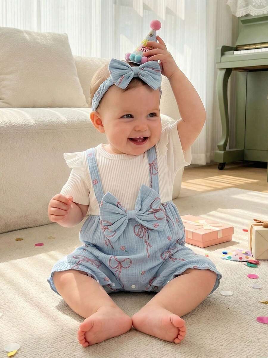 Conjunto de verano para niña pequeña, mono de manga corta con volantes y lazo de dos piezas, conjunto de 2 piezas, ropa bonita para uso diario, ideal para niñas de 0 a 18 meses. - Azul - Ver 1