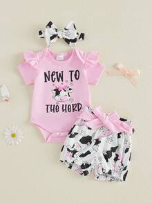 Western Baby Girl Clothes Cowgirl Summer Clothes Letter Boots Cow Print Crew Neck Short Sleeve Romper Shorts And Bow Headband 3 Pcs Set - 粉紅色乳牛 - 查看 7