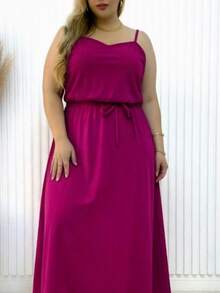 Plus Size Long Crepe Dress With Thin Straps And Belt De 2026 FL-V54 - 紫色 - 查看 2
