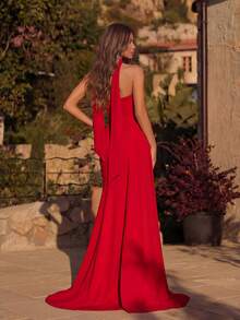 闪亮拼接露背礼服，高腰露背开衩长裙，适合鸡尾酒会、晚宴、约会之夜、正式晚宴等场合，尽显优雅魅力，也适合情人节、婚礼等春季穿着。 - 紅色 - 查看 2