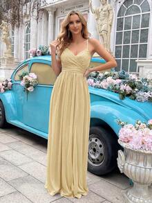 Women's Shiny Camisole Design Bridesmaid Wedding Guest Formal Dress, Cocktail Party Evening Gown, Lightweight & Flowing For Spring/Summer Graduation Prom - Goose Egg Yolk - View 7