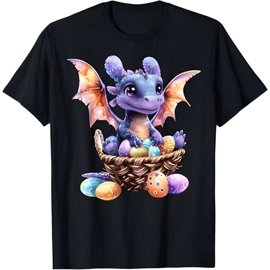 Cute Baby Dragon Collecting Easter Eggs Basket Kids Dragons T-Shirt - màu đen - Xem 1