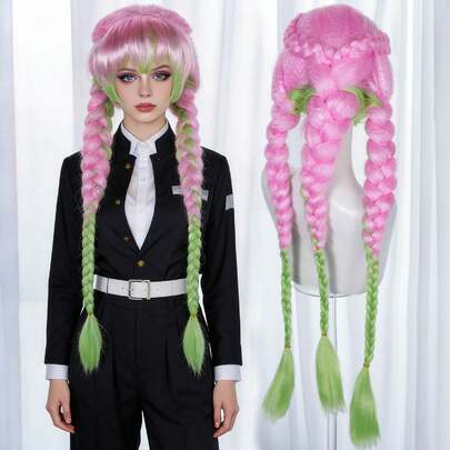 粉绿渐变动漫角色扮演假发 - 超长加厚三股辫子带刘海合成假发，女士适用 | 亮丽渐变色编织假发，完美适用于节日装扮、动漫展、派对、日常佩戴，易于造型和保养