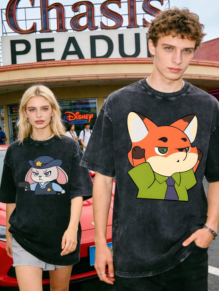 Disney Zootopia Judy Hopps And Nick Wilde Couple Vintage Washed T-Shirts  180g Washed Cotton Mickey And Minnie Flower Bouquet Loose Short-Sleeved Couple's Outfit - 黑色 2 - 查看 1