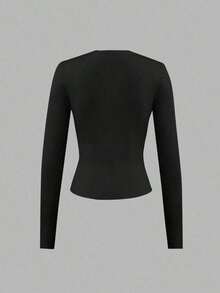Petite Women's Casual Fashion Black Round Neck Long Sleeve Waist Fitted Knit Cardigan, Spring/Autumn - màu đen - Xem 5