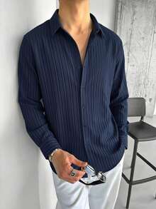 WAIT HIM Men's Casual Front Button Striped Print Long Sleeve Shirt - Blue - View 1