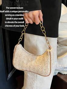 Fashionable Solid Color Woven Moon Shaped Women's Bag With Metal Chain Strap, Can Be Used As Handbag, Shoulder Bag, Tote Bag, Beach Bag, Casual Woven Bag, And Cell Phone Bag, 2026 New Woven Straw Bag - Boho Chic Crossbody & Top Handle Purse, Lightweight Raffia Beach Bag For Women,Y2K Crochet Underarm Bag 2026 -  Mini Shoulder Bag,Everyday Chic Knit Bag - Versatile Underarm & Shoulder Bag,Casual Shoulder Bag For Women,Summer Essentials, Perfect For Vacation & Holiday, Beach Purse, Perfect For Summer, Vacation & Daily Use, Travel Must Haves, Suitable As Birthday Valentine's Day Thanksgiving Halloween Gift For Mom Wife Girlfriend Friend [US Local Warehouse] - 彩色 - 查看 7