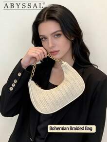 Fashionable Solid Color Woven Moon Shaped Women's Bag With Metal Chain Strap, Can Be Used As Handbag, Shoulder Bag, Tote Bag, Beach Bag, Casual Woven Bag, And Cell Phone Bag, 2026 New Woven Straw Bag - Boho Chic Crossbody & Top Handle Purse, Lightweight Raffia Beach Bag For Women,Y2K Crochet Underarm Bag 2026 -  Mini Shoulder Bag,Everyday Chic Knit Bag - Versatile Underarm & Shoulder Bag,Casual Shoulder Bag For Women,Summer Essentials, Perfect For Vacation & Holiday, Beach Purse, Perfect For Summer, Vacation & Daily Use, Travel Must Haves, Suitable As Birthday Valentine's Day Thanksgiving Halloween Gift For Mom Wife Girlfriend Friend [US Local Warehouse] - 彩色 - 查看 8