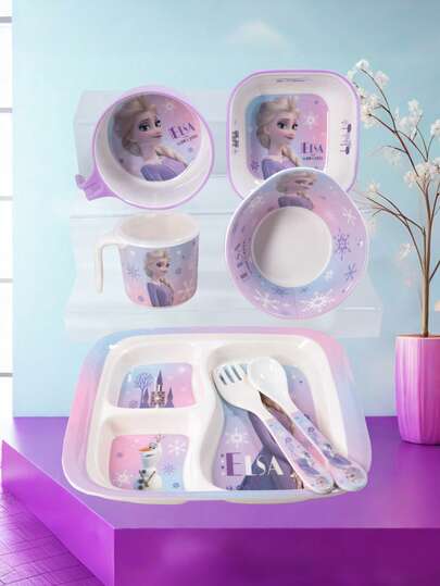 Disney 1pc Cartoon Purple Elsa Tableware Plates Bowl And Cup And Fork And Spoon, Family Dinner Birthday Christmas, Outdoor Dinner, Fruit Salad Snack Plate, Coffee Milk Cup, Beautiful Tableware