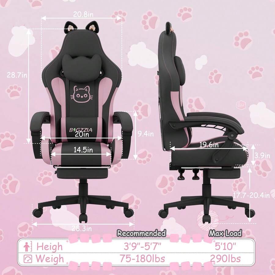 Ergonomic Gaming Chair With Cat Ears, Massage Lumbar Support & Footrest – Cute Computer Chair For Girls With Headrest, Reclining, 290lbs Capacity, Adjustable Armrests - Black and Pink - View 1