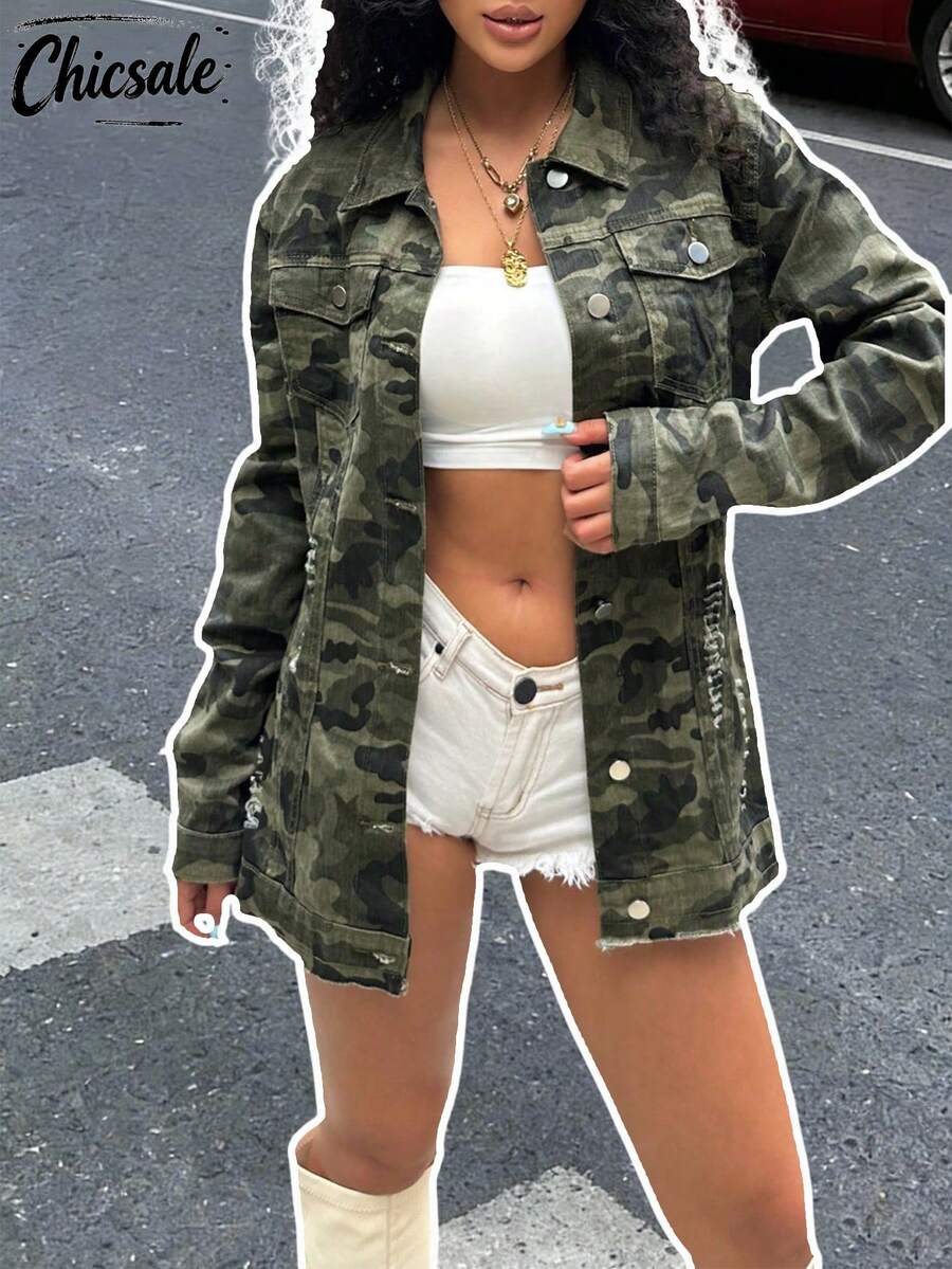 Chaqueta casual de manga larga con estampado de camuflaje y bolsillos con botones para mujeres - Verde militar - Ver 1