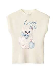 Y2K Spring/Summer Sleeveless Knit T-Shirt, Women's Casual Office Wear, Loose Fit Versatile Round Neck Fashionable Top - Apricot - View 4