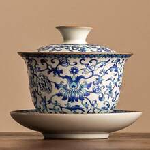 Ceramic Three-Piece Gaiwan Tea Cup, Household Blue And White Lotus Vine Kung Fu Tea Set, High-End Tea Ware, Tea Brewing Vessel - Multicolor - View 1