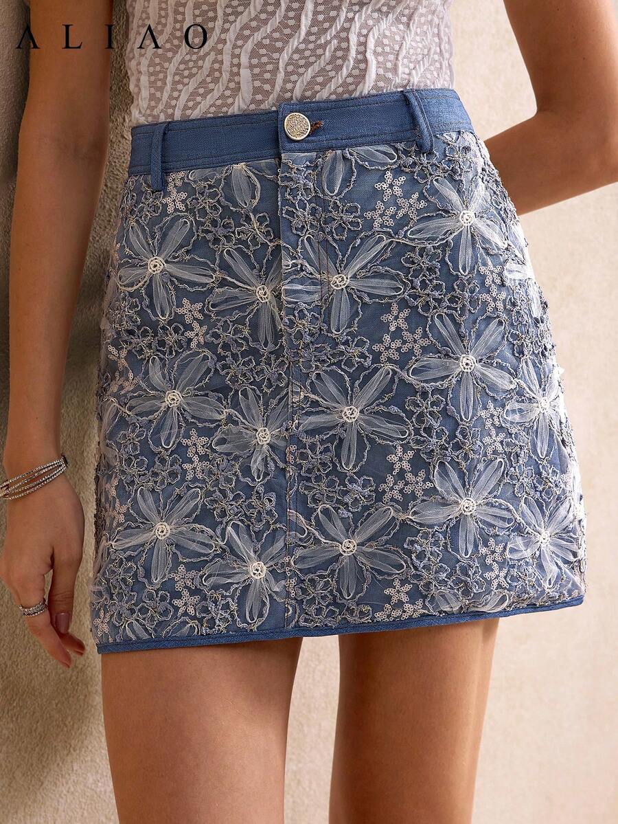 Aliao 优雅亮片 3D 花朵拼接靛蓝水洗及膝半身裙，适合音乐会、早午餐、婚礼宾客等场合，充满波西米亚风情，也适合新年、情人节、优雅女士、海滩、感恩节、毕业典礼等场合。 - 藍白色 - 查看 1