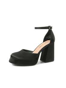 Women Chunky Platform High Heels Closed Toe Block Ankle Strap Dress Prom Wedding Party Pumps Shoes - Black - View 2